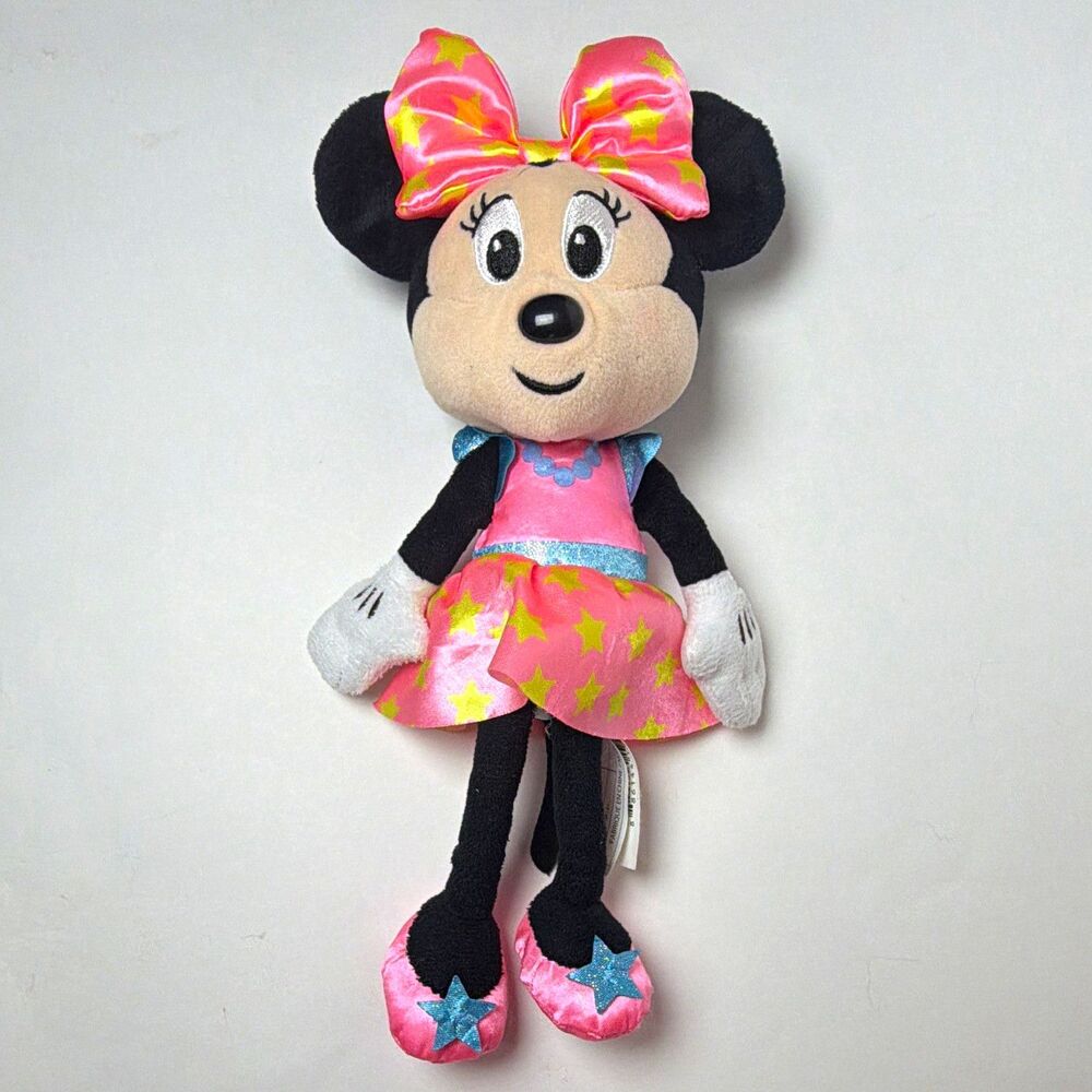 Disney Minnie Mouse Plush Stuffed Animal Small 10 in Pink Star Dress Bow
